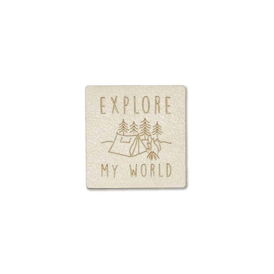 Label "EXPLORE MY WORLD" - 35 x 35 mm - White Sand