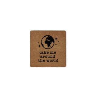 Label "take me around the world" - 35 x 35 mm - Lederbraun