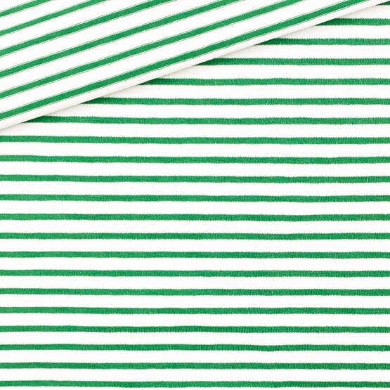 Single Jersey – Warmweiß mit 2 mm Emerald Grünen Streifen