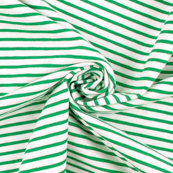 Single Jersey – Warmweiß mit 2 mm Emerald Grünen Streifen