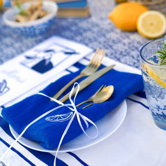DIY Stoffe Inspiration - gedeckter Tisch - Blau Weiß - Plott Mediterran - Satinband