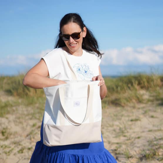 DIY Stoffe Outfit - Stufenrock Stinya - Shirt Finja - Plott - Blau Weiß - Mediterran - Strandtasche
